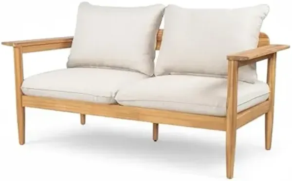Christopher Knight Home Ordel Acacia Wood Outdoor Loveseat, Wooden Patio Loveseat Sofa, Patio Furniture 2-Seater Sofa with Removable Cushions,Comfy Lounge Sofa Outdoor for 2 People,Beige+Light Teak