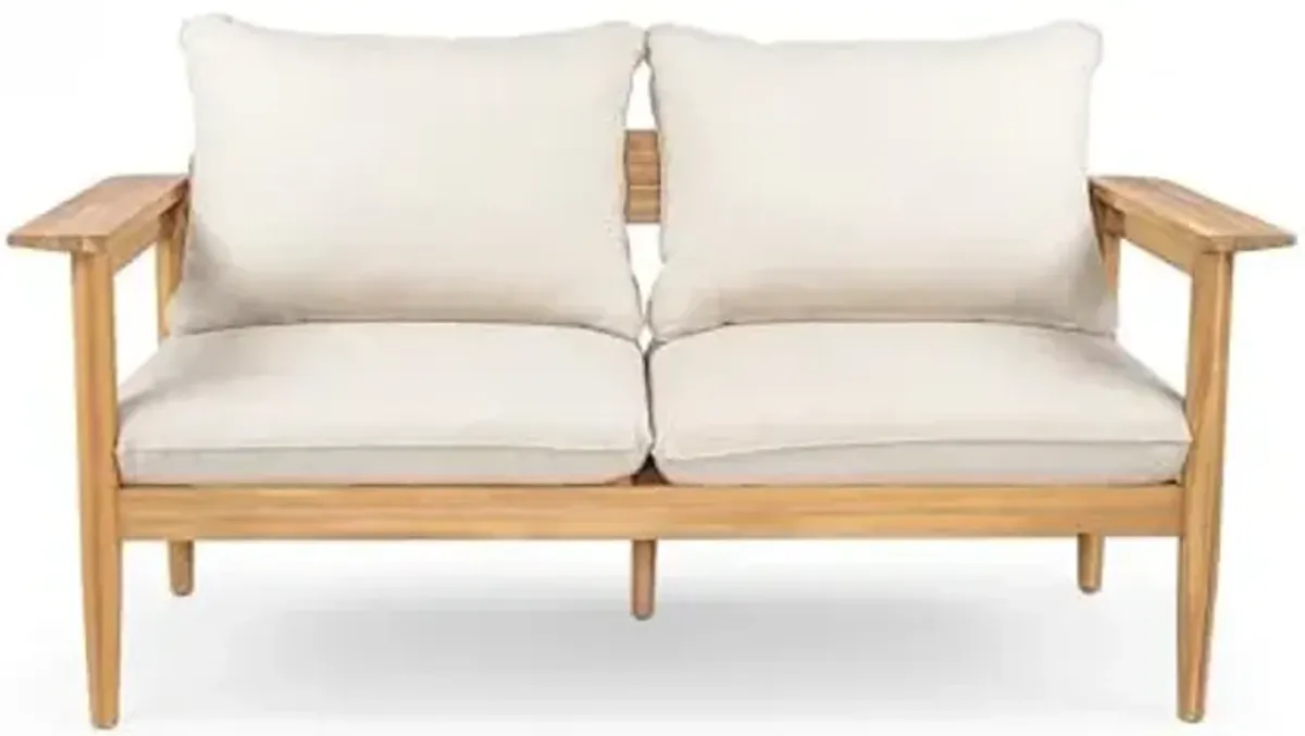 Christopher Knight Home Ordel Acacia Wood Outdoor Loveseat, Wooden Patio Loveseat Sofa, Patio Furniture 2-Seater Sofa with Removable Cushions,Comfy Lounge Sofa Outdoor for 2 People,Beige+Light Teak