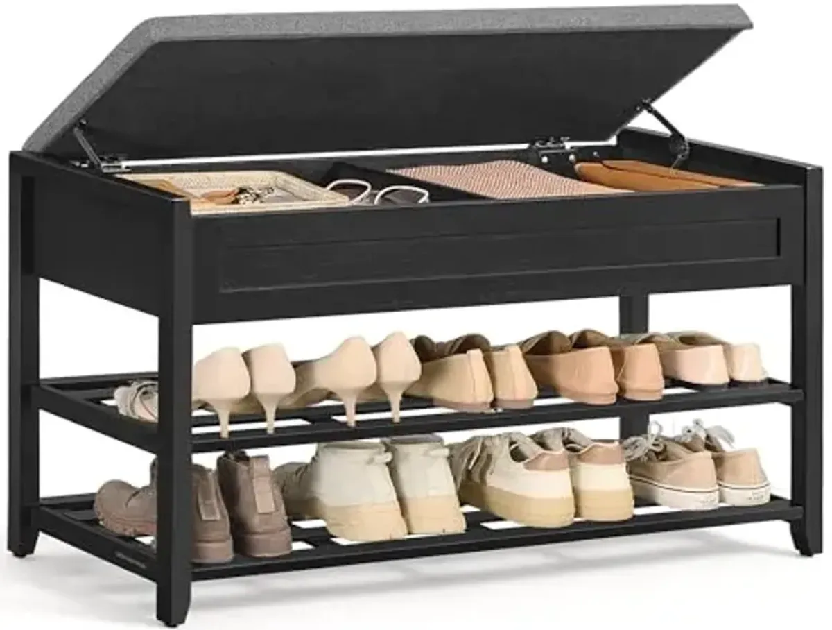 SONGMICS Bamboo Shoe Rack Bench with Storage, 2 Tier Shoe Shelves, for Entryway, Living Room, Bedroom, 39.4 Inches Wide, Ink Black ULSB059B01