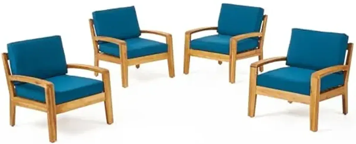 Christopher Knight Home Heidi Outdoor Club Chairs with Cushions, Acacia Wood Patio Accent Armchair Set, Wooden Lounge Chair, Comfy Patio Seating for Garden Backyard, Set of 4, Teak Finish + Dark Teal