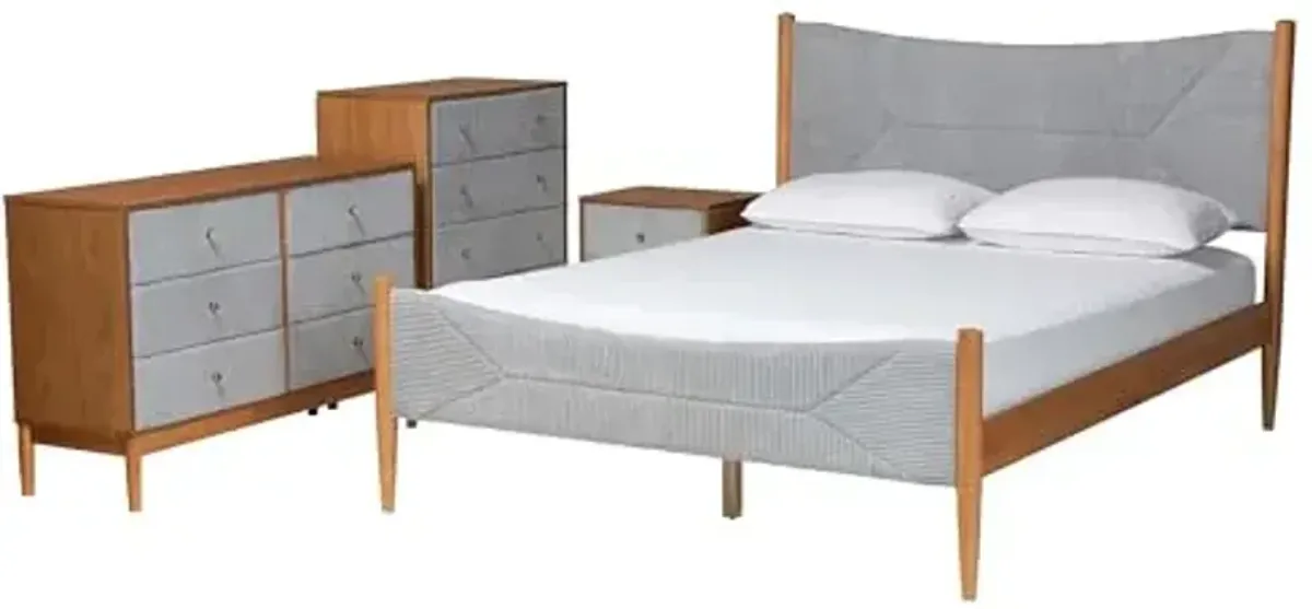 Baxton Studio Taylin Gray Corduroy and Oak Brown Wood Queen 4-Piece Bedroom Set