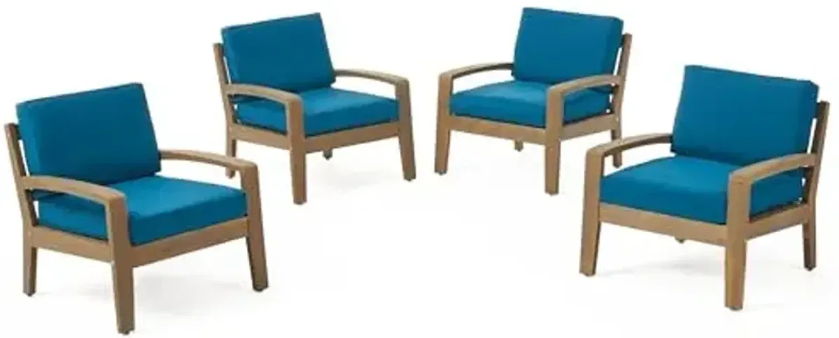 Christopher Knight Home Heidi Outdoor Club Chairs with Cushions, Acacia Wood Patio Accent Armchair Set, Wooden Lounge Chair, Comfy Patio Seating for Garden Backyard, Set of 4, Gray Finish + Dark Teal