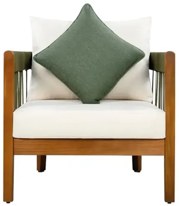 Christopher Knight Home Vinny Outdoor Accent Chair, Acacia Wood Club Chair, Handwoven Rope Armchair with Removable Cushions, Comfort Seating Single Reading Sofa for Garden Backyard Porch, Green+Beige