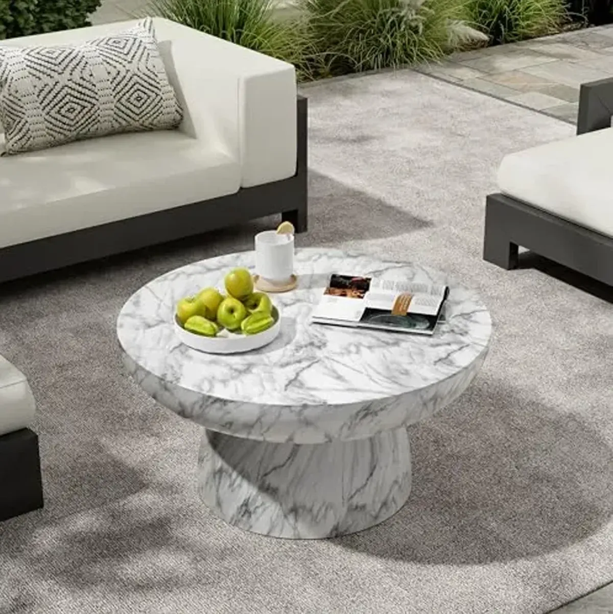 Christopher Knight Home Patsy Modern Lightweight Concrete Coffee Table, Indoor and Outdoor Round Top Accent Table, MGO Sofa End Table with Pedestal Base, No Assembly Needed, White Marble Finish