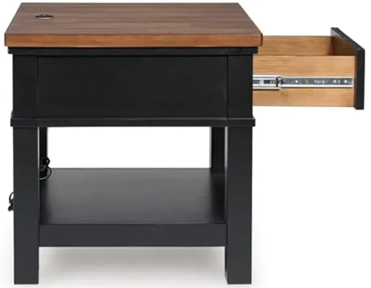 Signature Design by Ashley Wildenauer Casual Rectangular End Table with Lower Shelf and USB Charging, Storage Drawer, Wood, 24.13" High, Light Brown & Black