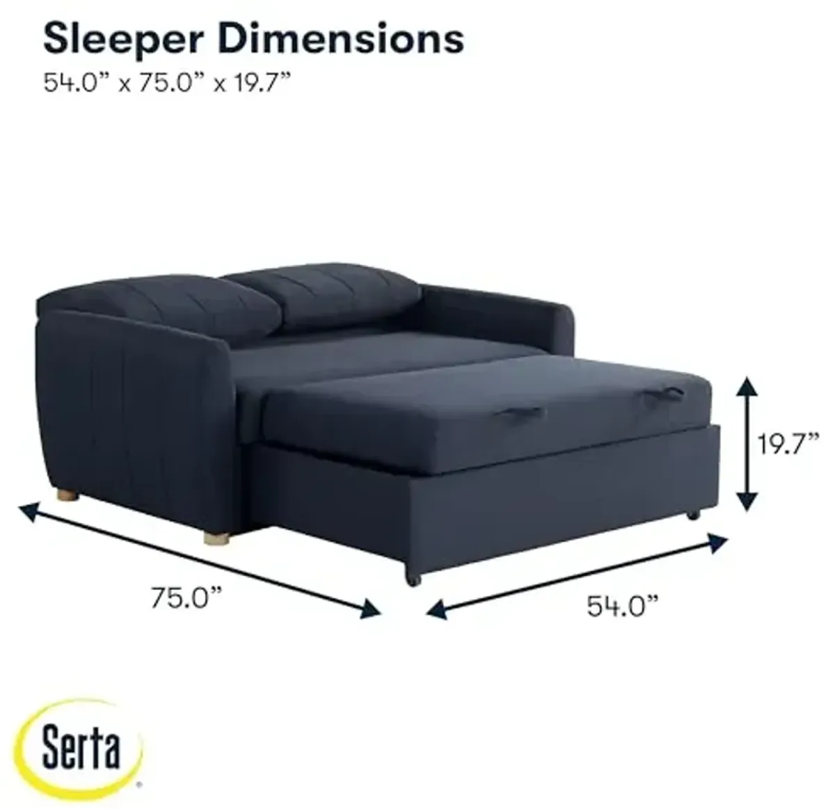 Serta® Galway 66.5" Full-Size Convertible Pop-up Sofa, Dream Coil® Comfort, Finger Guard® Pinch Point Protection, Woven Polyester Fabric, Navy Blue