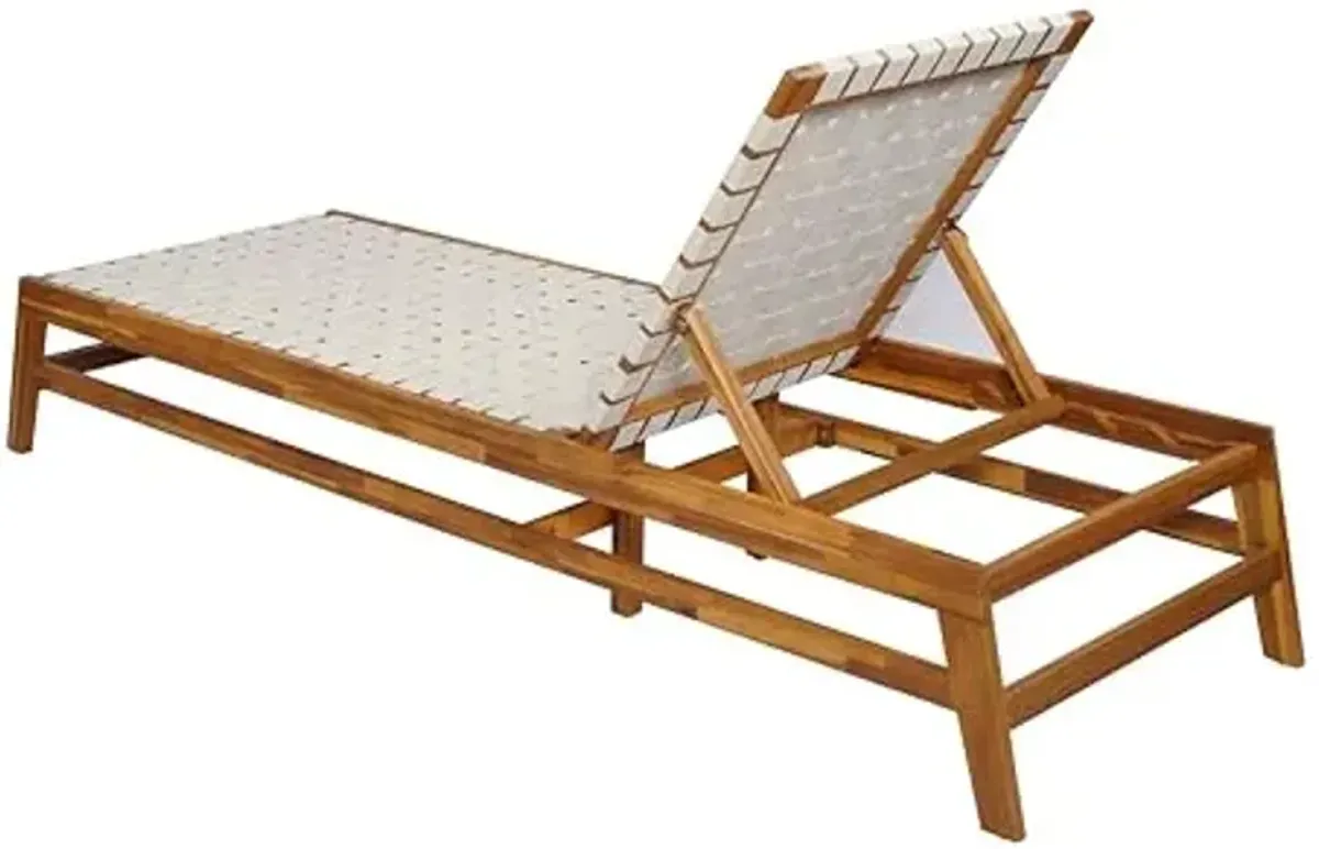 Christopher Knight Home Susua Rope Chaise Lounge with Acacia Wood Frame, Adjustable Backrest Single Lounge Sofa, Patio Sun Lounger Recliner Chair for Poolside Backyard, Teak + White