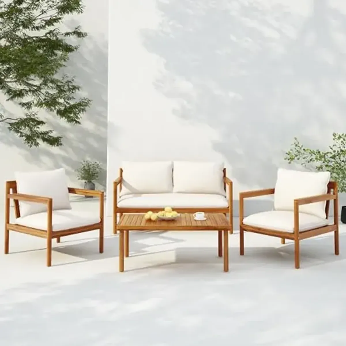 Christopher Knight Home Vorms 4-Piece Acacia Wood Patio Furniture Set with Rope Backrest, Patio Conversation Chat Set for Backyard Balcony, Outdoor 4-Seater Seating Group with Coffee Table, Teak+Cream