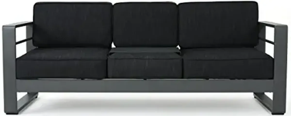 Christopher Knight Home Capecora 3-Seater Sofa with Removable Tray Table, 76.25''W Convertible Aluminum Patio Couch with Cushions, Space-Saving Outdoor Seating for Garden Backyard Balcony, Dark Gray