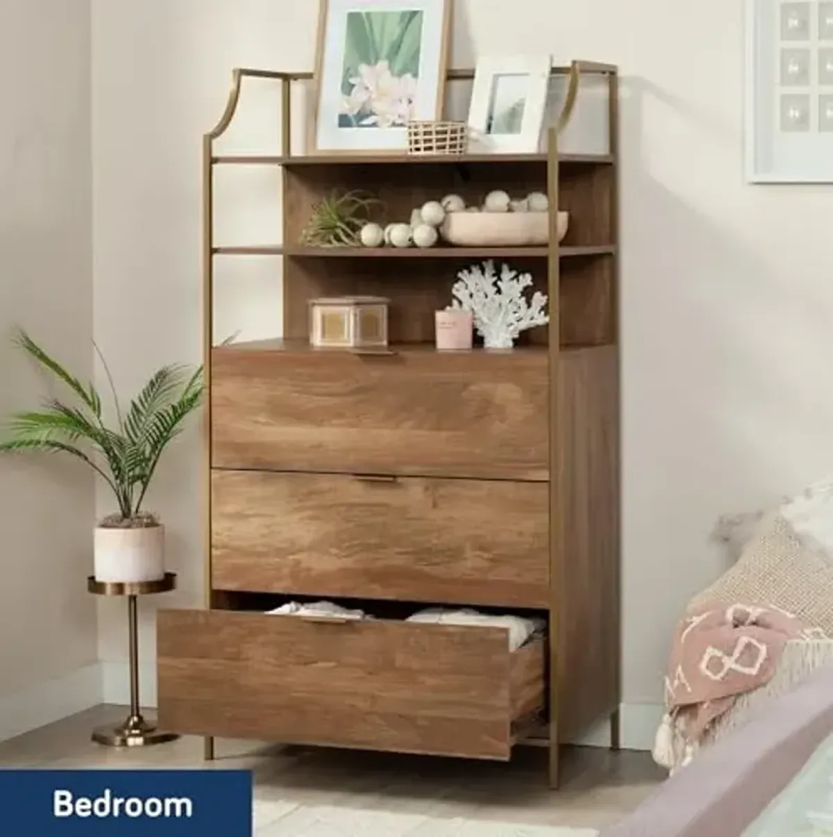 Sauder Bedroom 3- Drawer Dresser with Shelves, Sindoori Mango Finish