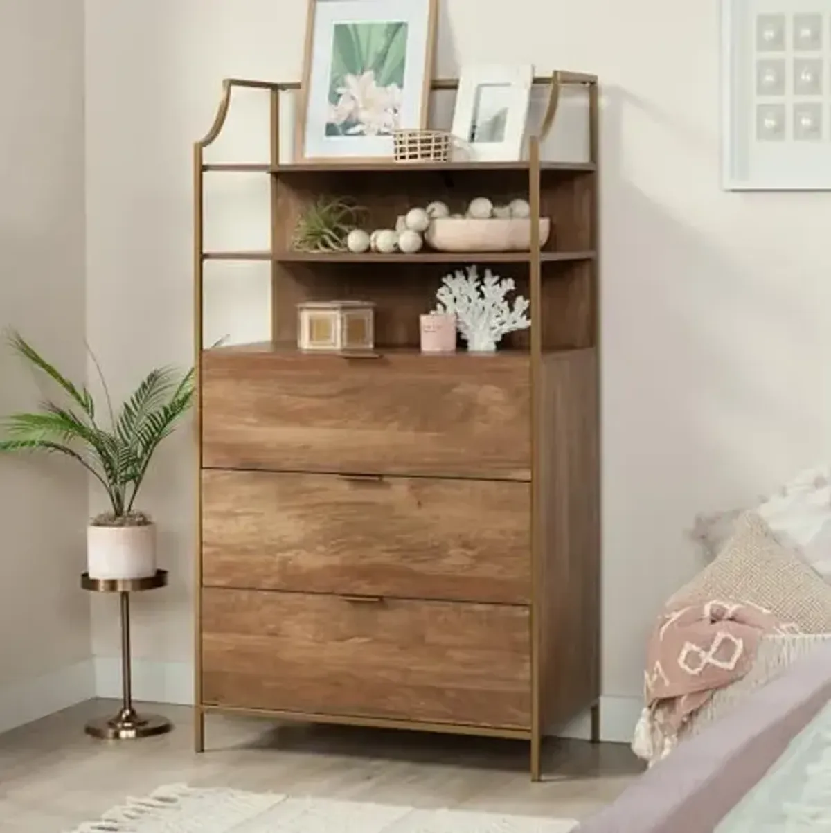 Sauder Bedroom 3- Drawer Dresser with Shelves, Sindoori Mango Finish