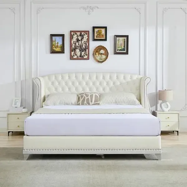 Christopher Knight Home Raelyn Velvet Upholsterted Queen Bed Frame with Headboard, Rectangular Queen Size Bed Frame with Wingback Headboard, Wood Platform Bed Frame, No Box Spring Needed, Beige
