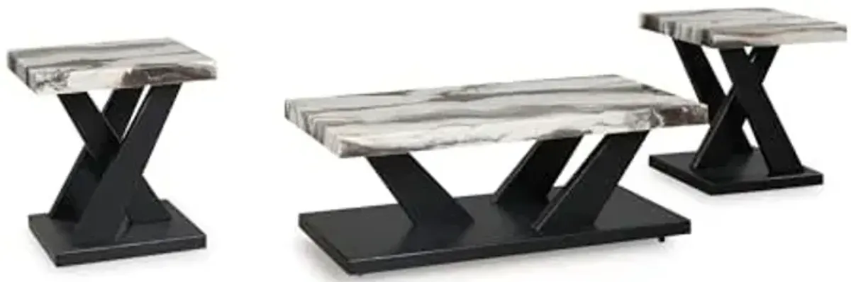 Signature Design by Ashley Cendill Contemporary Faux Marble Table with Casters, Set of 3, White & Black