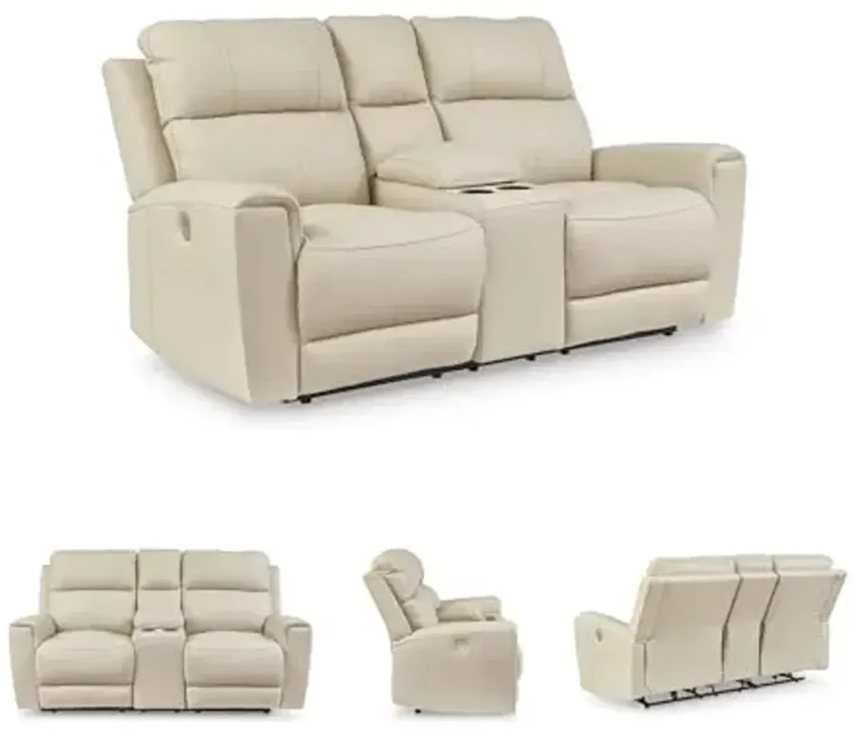 Signature Design by Ashley Dahlmoore Contemporary Leather Match Power Reclining Loveseat with Console and USB Ports, Beige