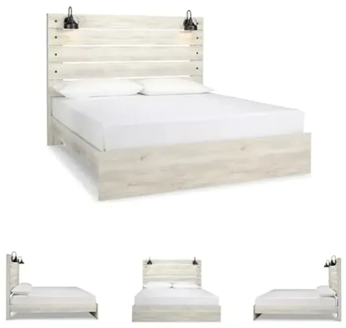 Signature Design by Ashley Cambeck Farmhouse King Panel Bed with Sconce Lights and USB Ports, Foundation or Box Spring Needed, Whitewash