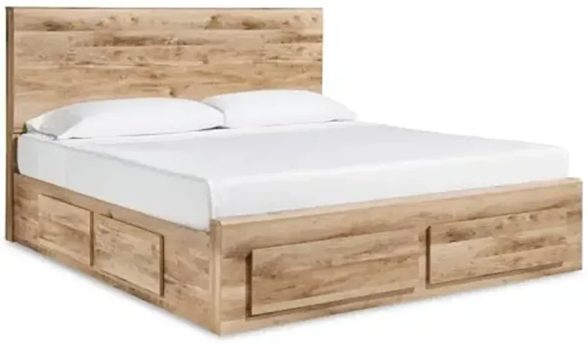 Signature Design by Ashley Hyanna Rustic King Panel Storage Platform Bed with 2-Side Under Bed Storage Drawers, Foundation or Box Spring Not Needed, Light Brown