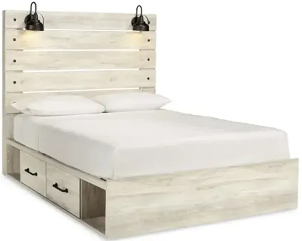 Signature Design by Ashley Cambeck Farmhouse Queen Panel Platform Bed with 4 Storage Drawers, Cubbies, Sconce Lights and USB Ports, Foundation or Box Spring Not Needed, Whitewash