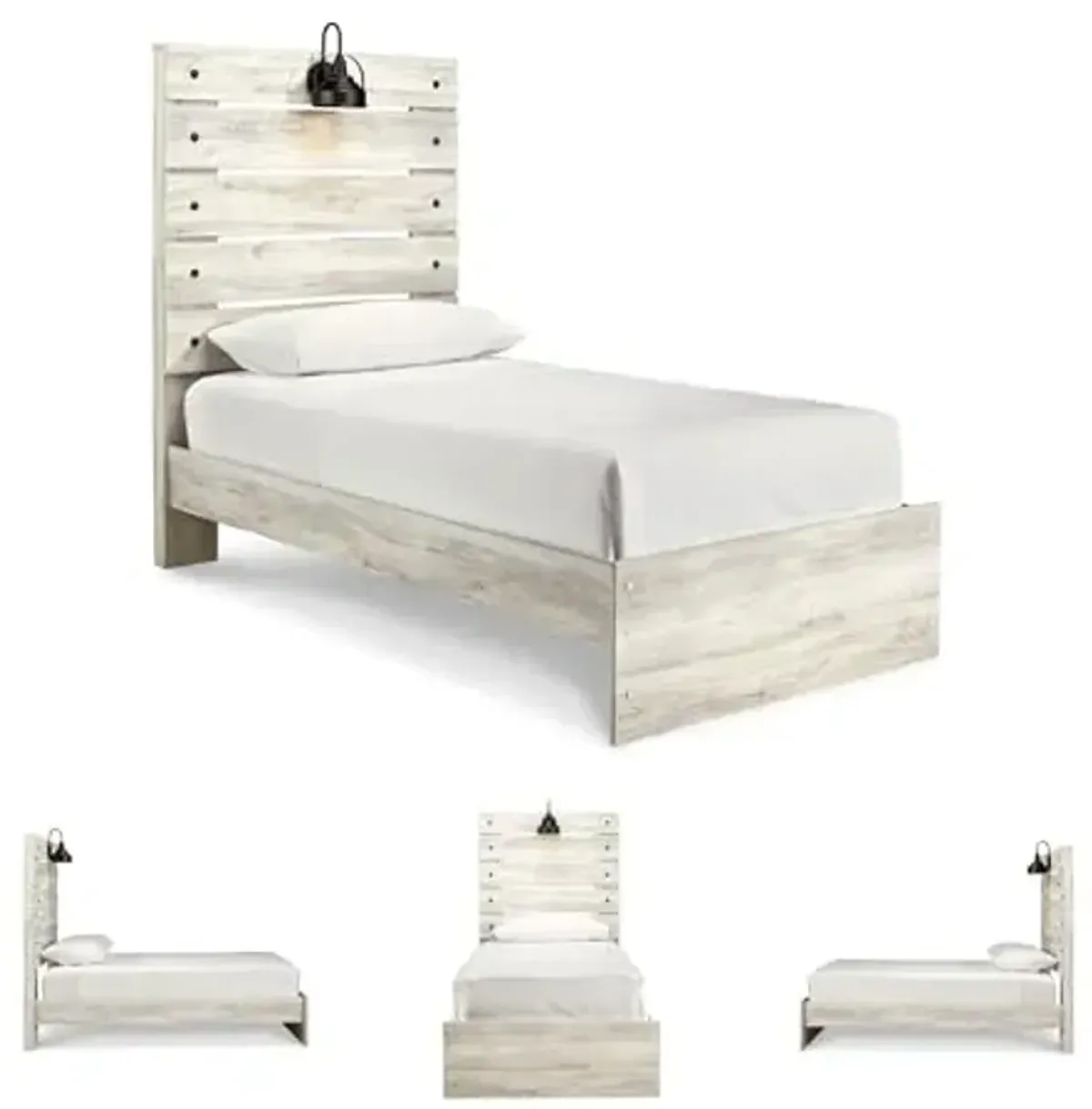 Signature Design by Ashley Cambeck Farmhouse Twin Panel Bed with Sconce Light and USB Ports, Foundation or Box Spring Needed, Whitewash