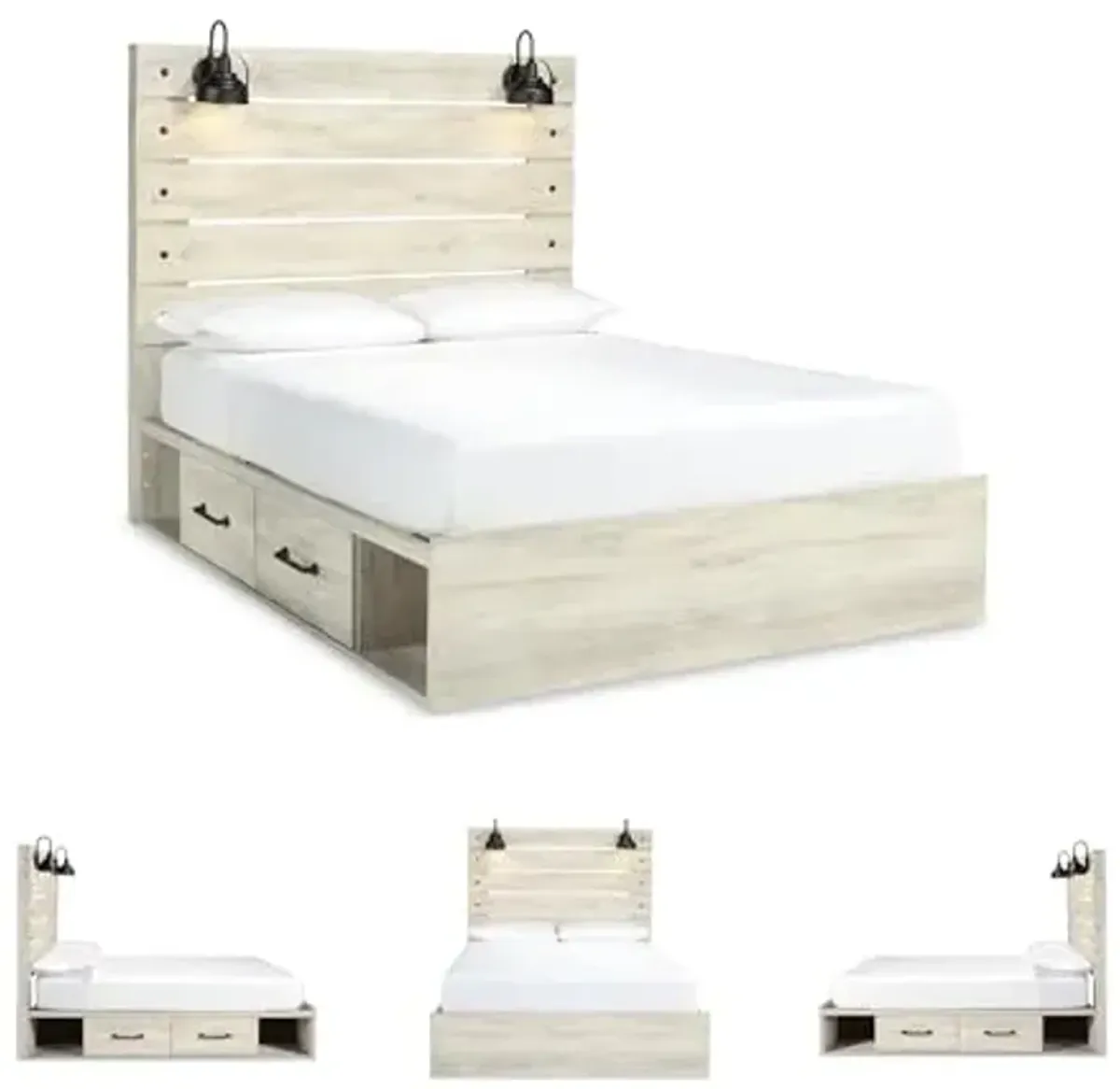 Signature Design by Ashley Cambeck Farmhouse Queen Panel Platform Bed with 2 Storage Drawers, Cubbies, Sconce Lights and USB Ports, Foundation or Box Spring Not Needed, Whitewash