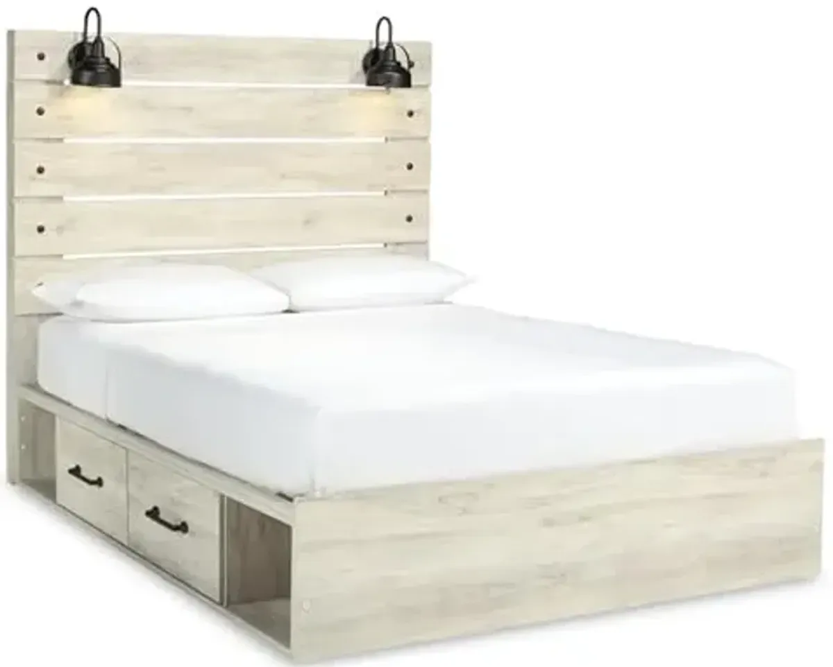 Signature Design by Ashley Cambeck Farmhouse Queen Panel Platform Bed with 2 Storage Drawers, Cubbies, Sconce Lights and USB Ports, Foundation or Box Spring Not Needed, Whitewash