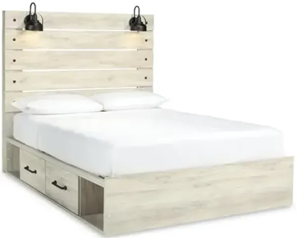 Signature Design by Ashley Cambeck Farmhouse Queen Panel Platform Bed with 2 Storage Drawers, Cubbies, Sconce Lights and USB Ports, Foundation or Box Spring Not Needed, Whitewash