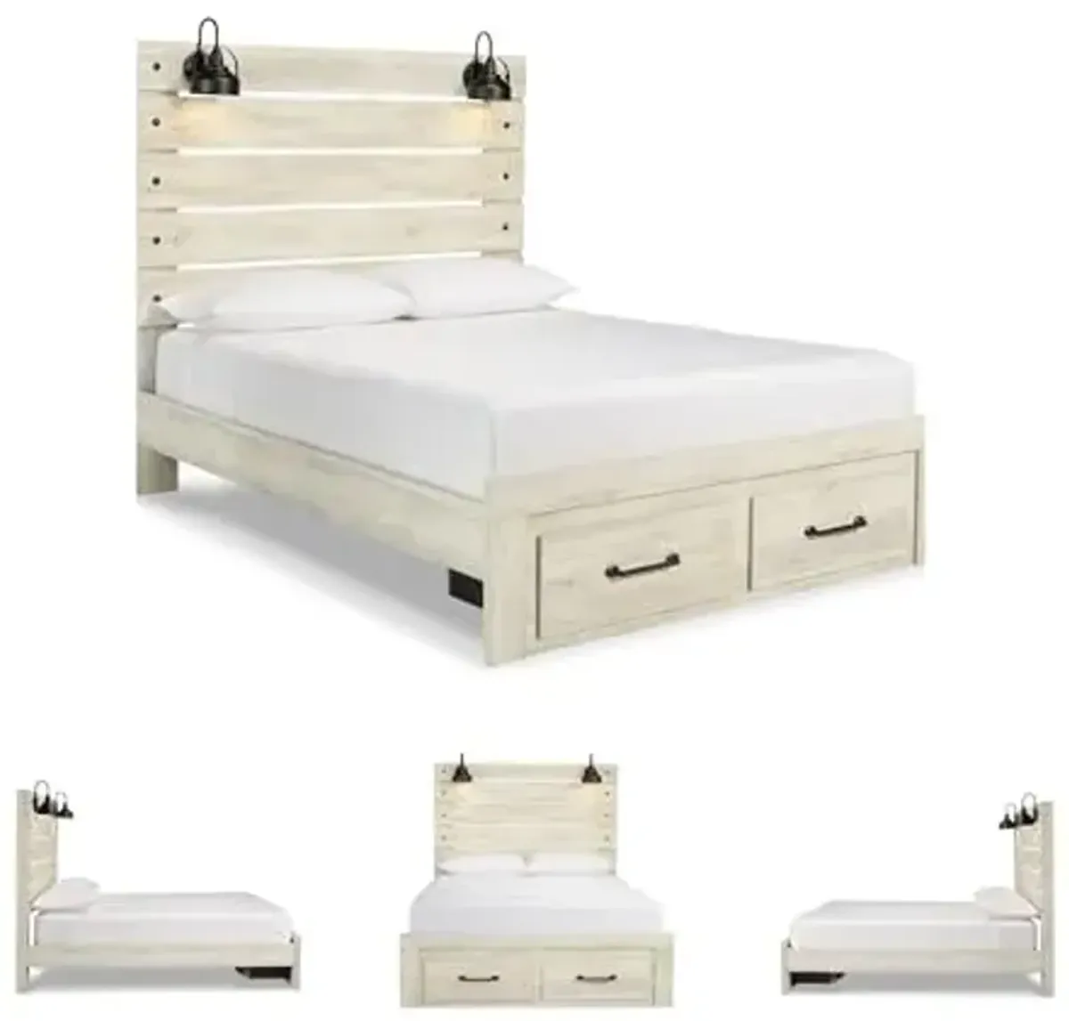 Signature Design by Ashley Cambeck Farmhouse Queen Panel Bed with 2 Storage Drawers, Sconce Lights and USB Ports, Foundation or Box Spring Needed, Whitewash