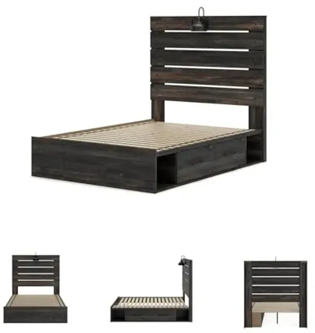 Signature Design by Ashley Drystan Rustic Full Panel Platform Bed with 2 Storage Drawers, Open Cubbies, Sconce LED Light and USB Ports, Foundation or Box Spring Not Needed, Dark Brown & Gray
