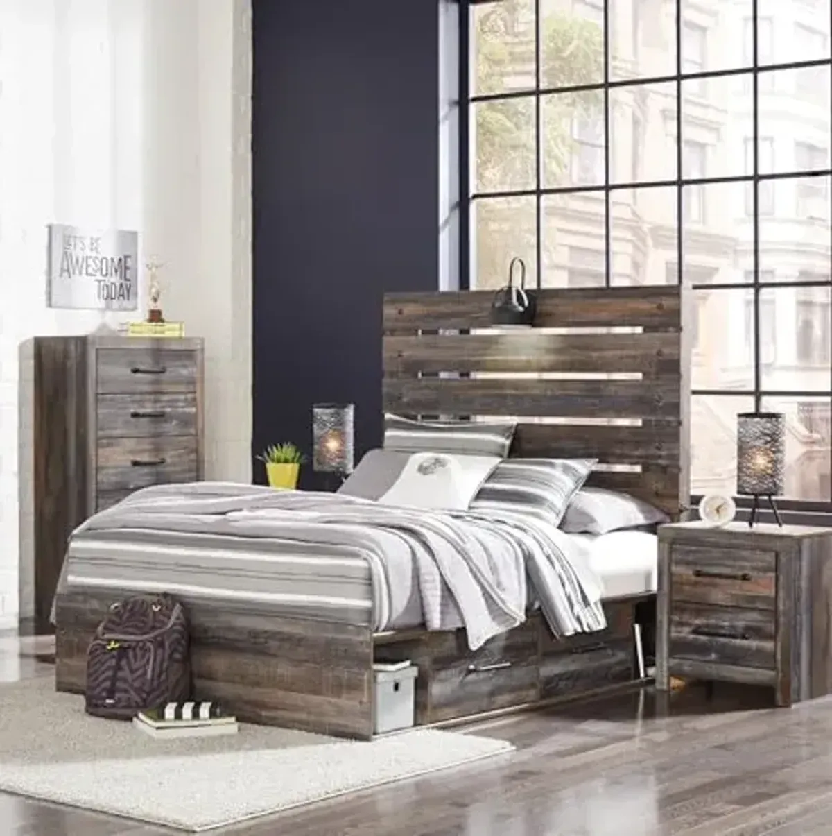 Signature Design by Ashley Drystan Rustic Full Panel Platform Bed with 2 Storage Drawers, Open Cubbies, Sconce LED Light and USB Ports, Foundation or Box Spring Not Needed, Dark Brown & Gray