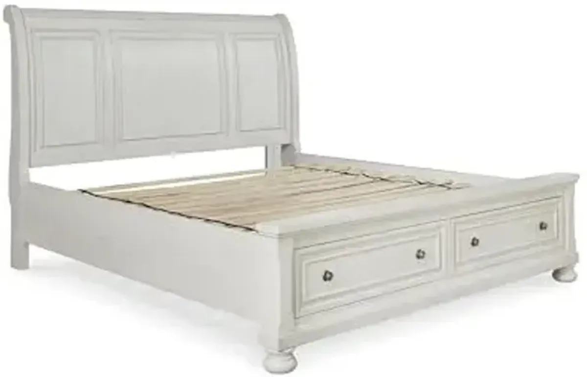 Signature Design by Ashley Robbinsdale Casual King Sleigh Platform Bed with 2 Drawers, Foundation or Box Spring Not Needed, White