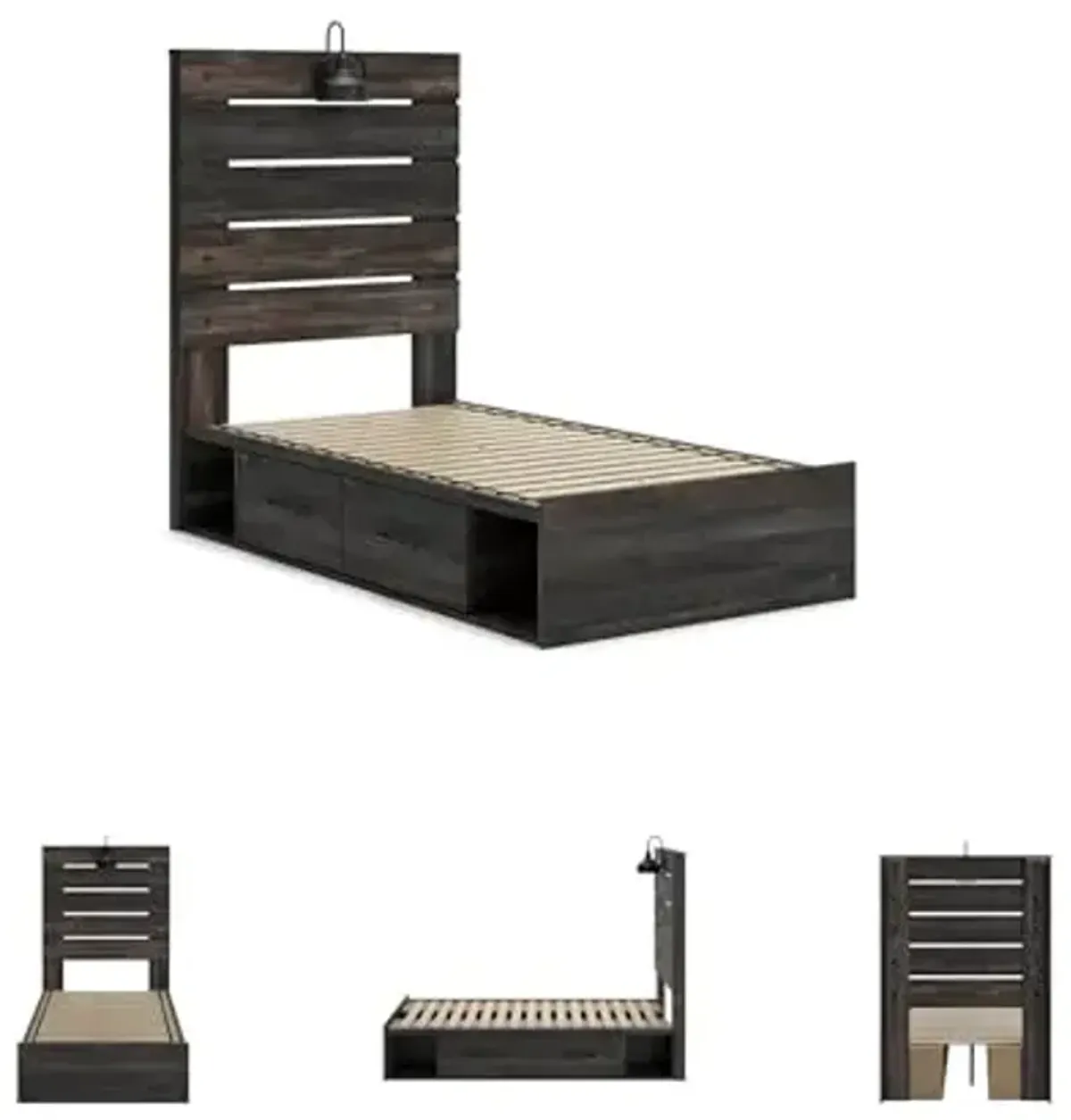 Signature Design by Ashley Drystan Rustic Twin Panel Platform Bed with 4 Storage Drawers, Open Cubbies, Sconce LED Light and USB Ports, Foundation or Box Spring Not Needed, Dark Brown & Gray