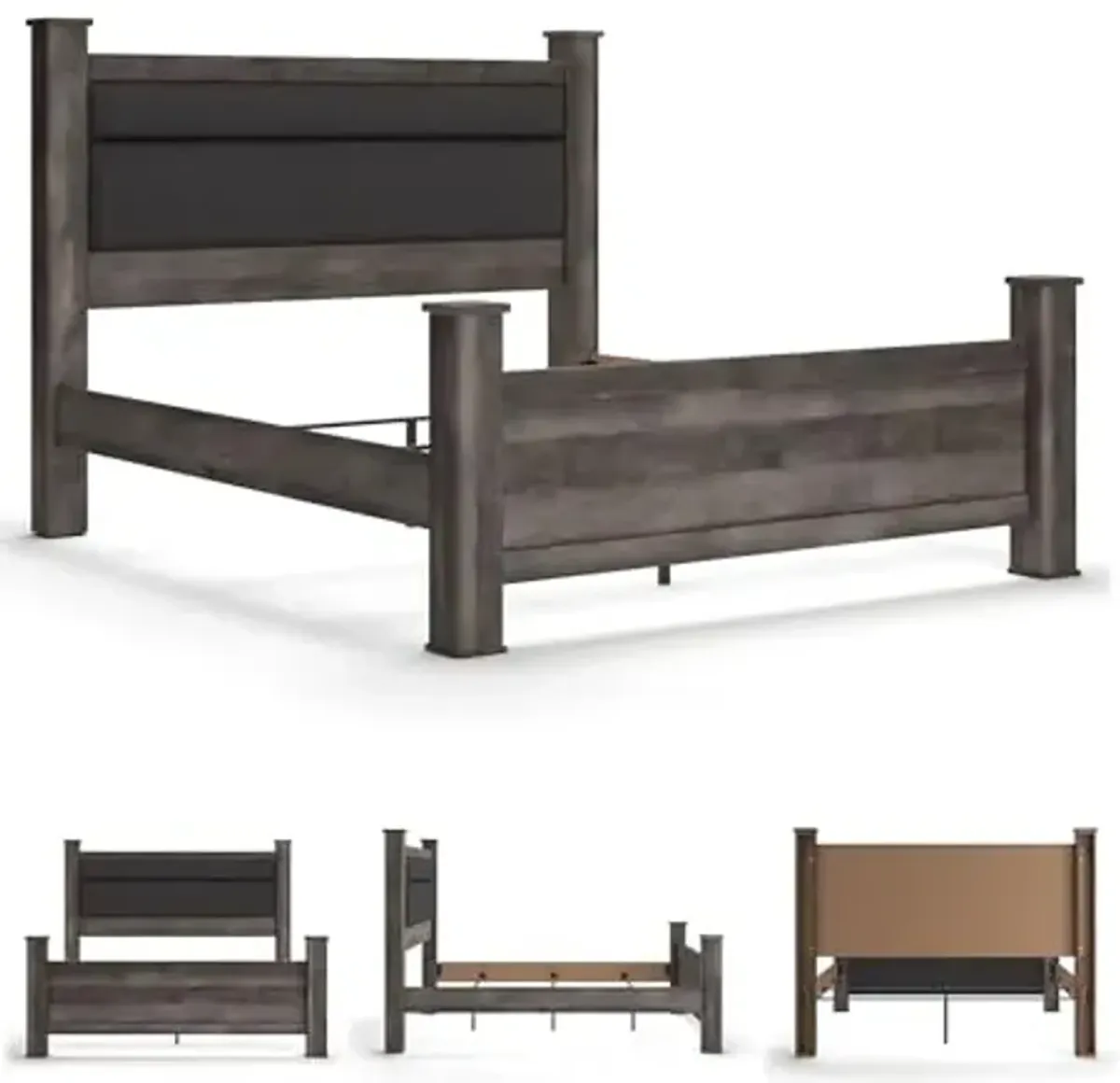 Signature Design by Ashley Wynnlow Rustic King Upholstered Poster Bed with Metal Slats, Foundation or Box Spring Needed, Gray & Black