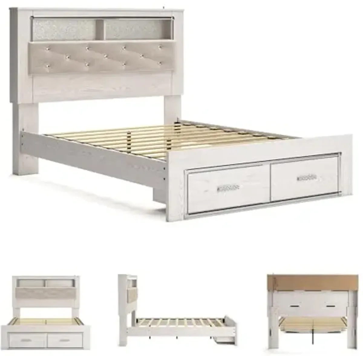 Signature Design by Ashley Altyra Contemporary Tufted Queen Upholstered Bookcase Platform Bed with LED Lights and 2 Drawers, Foundation or Box Spring Not Needed, White & Gray