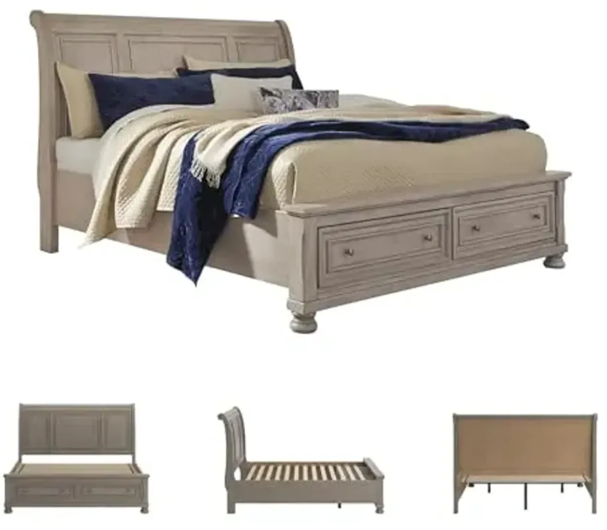 Signature Design by Ashley Lettner Traditional King Sleigh Platform Bed with 2 Drawers, Foundation or Box Spring Not Needed, Light Gray