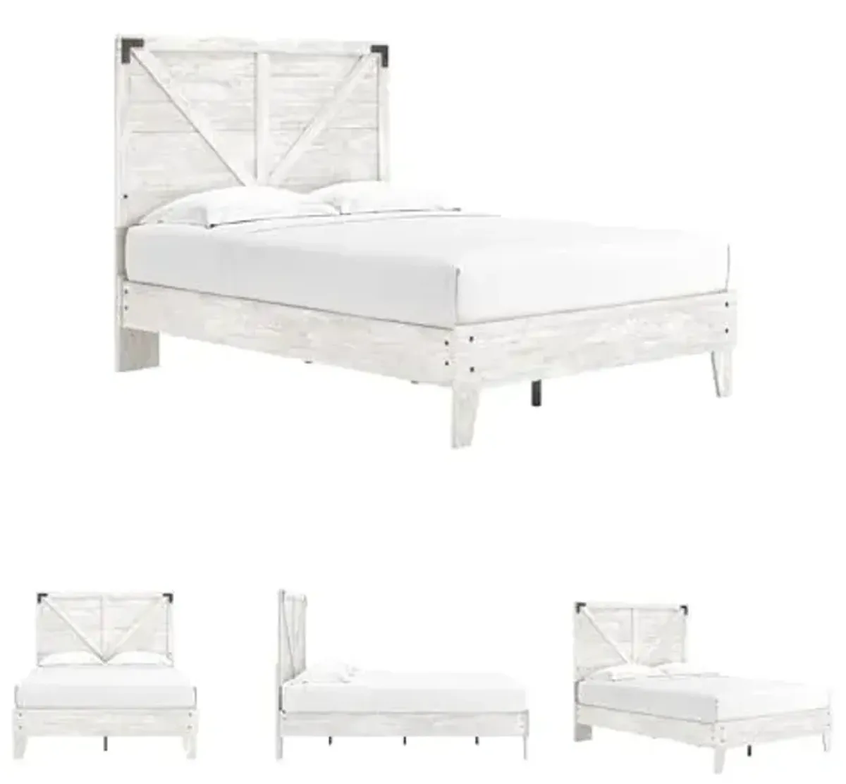 Signature Design by Ashley Shawburn Industrial Full Crossbuck Panel Platform Bed with Metal Slats, Foundation or Box Spring Not Needed, Whitewash