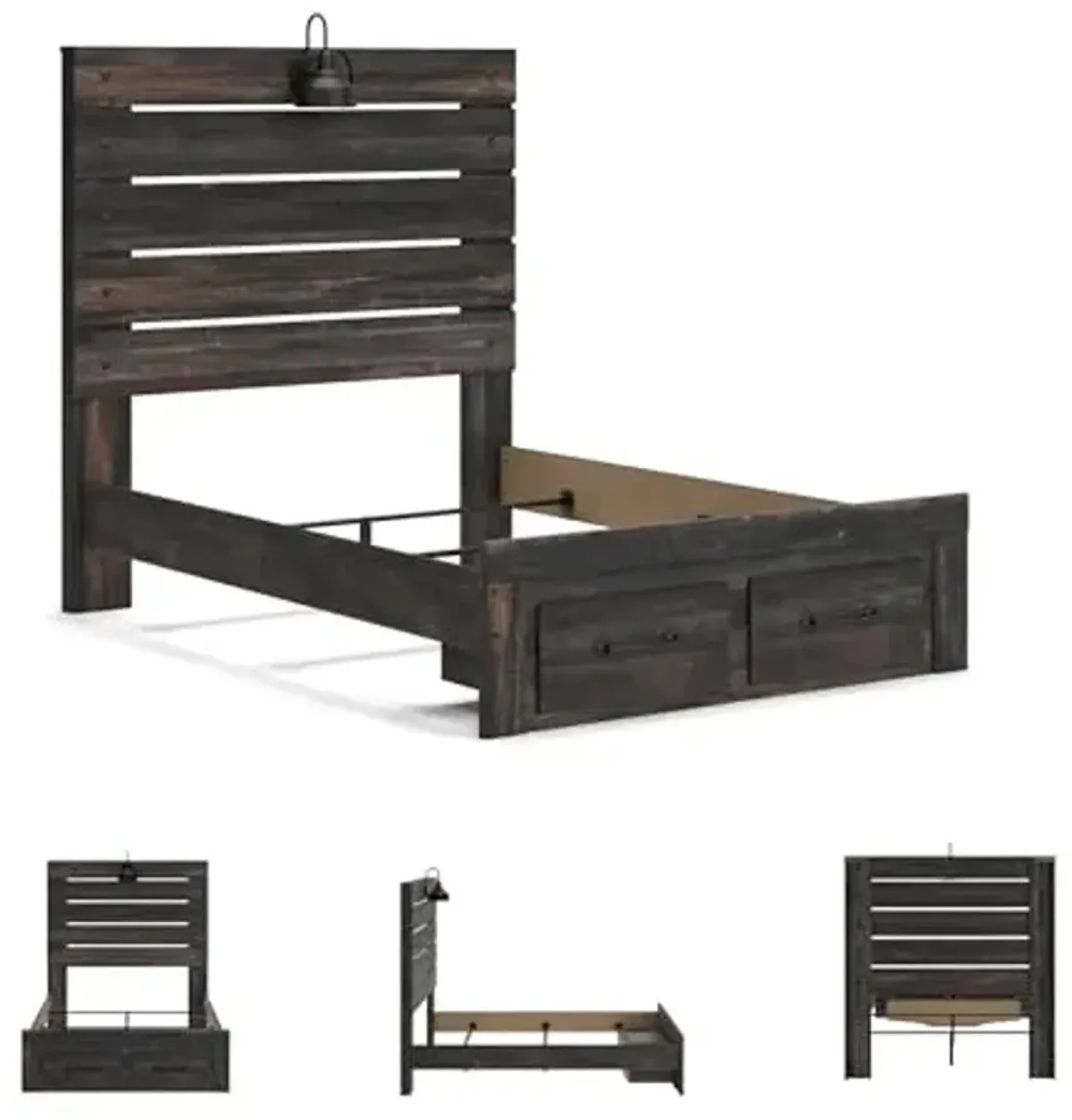 Signature Design by Ashley Drystan Rustic Full Panel Bed with 2 Storage Drawers, Sconce Light and Nailheads, Foundation or Box Spring Needed, Dark Brown & Gray