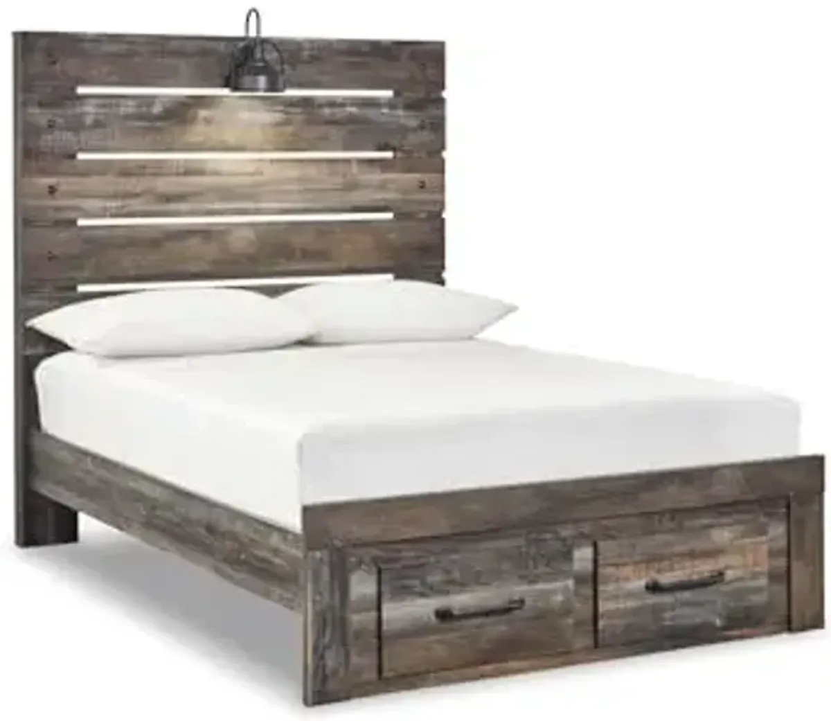 Signature Design by Ashley Drystan Rustic Full Panel Bed with 2 Storage Drawers, Sconce Light and Nailheads, Foundation or Box Spring Needed, Dark Brown & Gray