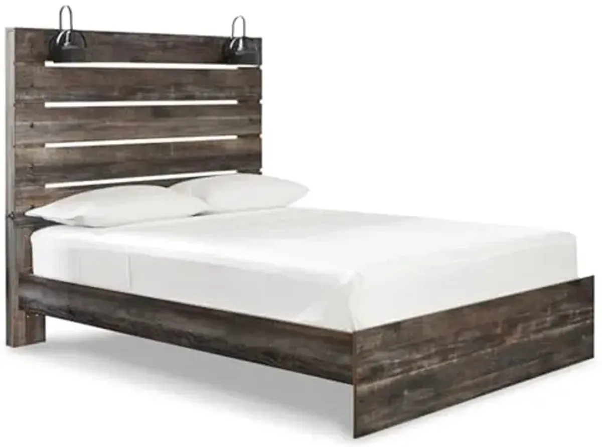 Signature Design by Ashley Drystan Rustic Queen Panel Bed, Sconce LED Lights, USB Ports and Nailheads, Foundation or Box Spring Needed, Dark Brown & Gray