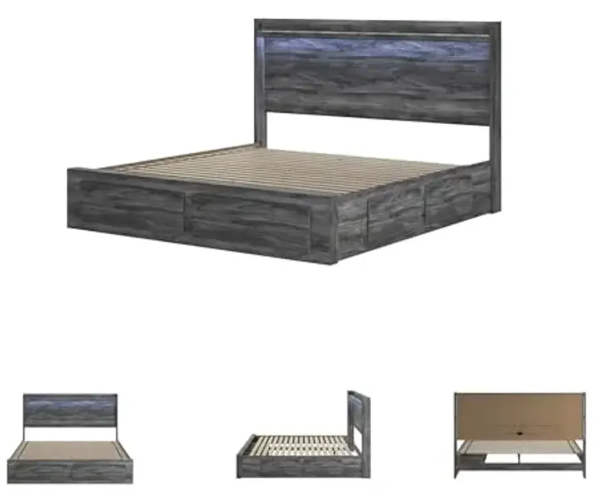 Signature Design by Ashley Baystorm Casual King Panel Platform Bed with 4 Storage Drawers and LED Light, Foundation or Box Spring Not Needed, Gray