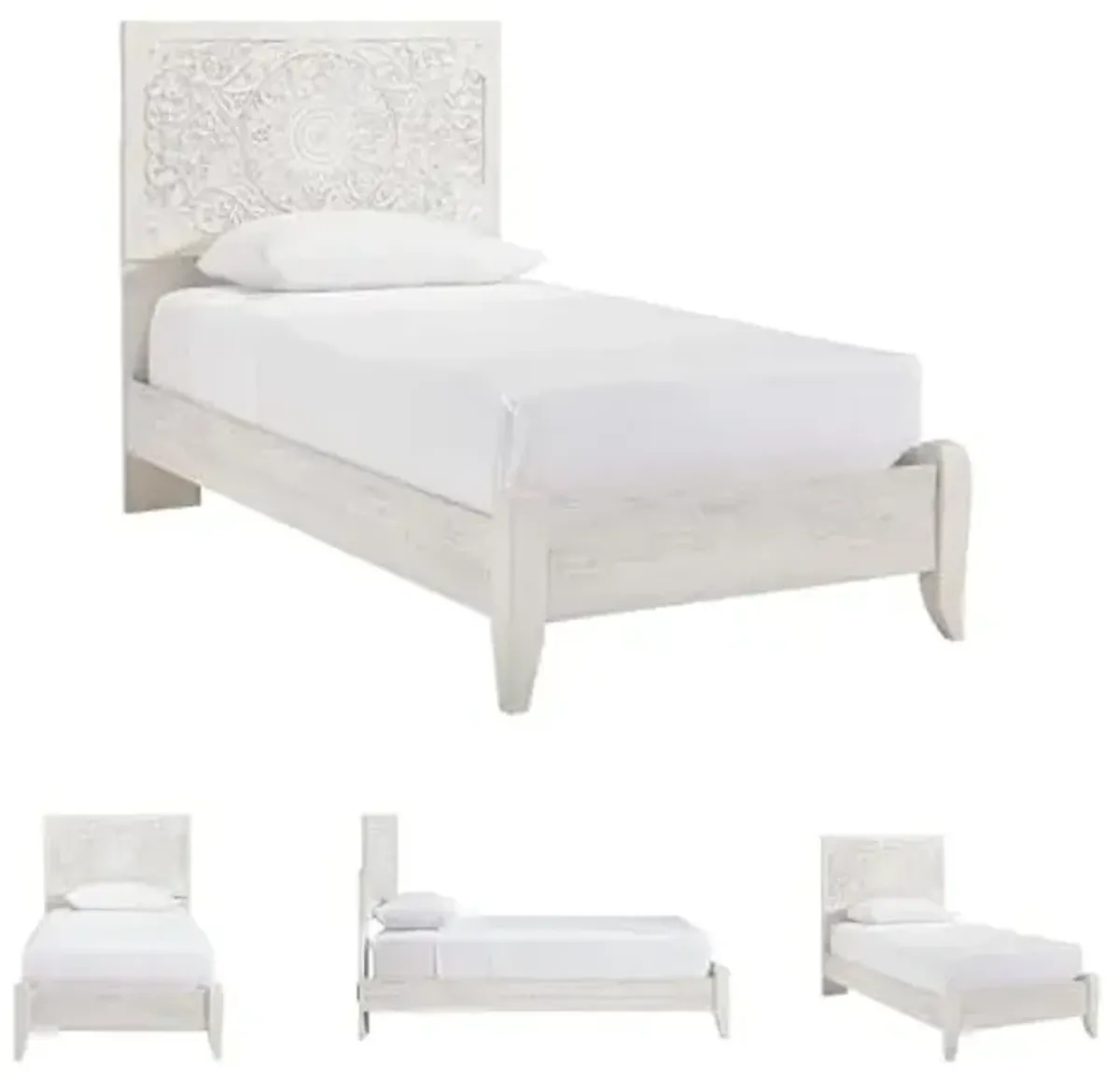 Signature Design by Ashley Paxberry Casual Bohemian Twin Bed with Medallion Pattern and Adjustable Height Headboard, Wood, 48.5" High, Whitewash Finish