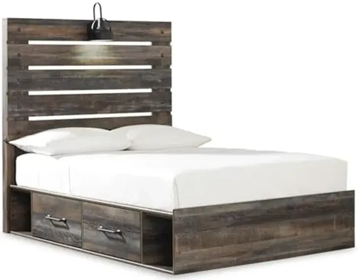 Signature Design by Ashley Drystan Rustic Full Panel Platform Bed with 4 Storage Drawers, Open Cubbies, Sconce LED Light and USB Ports, Foundation or Box Spring Not Needed, Dark Brown & Gray