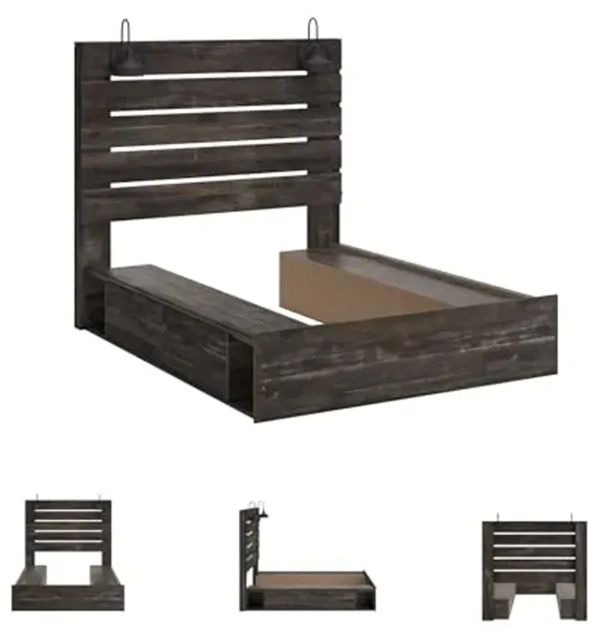 Signature Design by Ashley Drystan Rustic Queen Panel Platform Bed with 4 Storage Drawers, Open Cubbies, Sconce LED Lights and USB Ports, Foundation or Box Spring Not Needed, Dark Brown & Gray