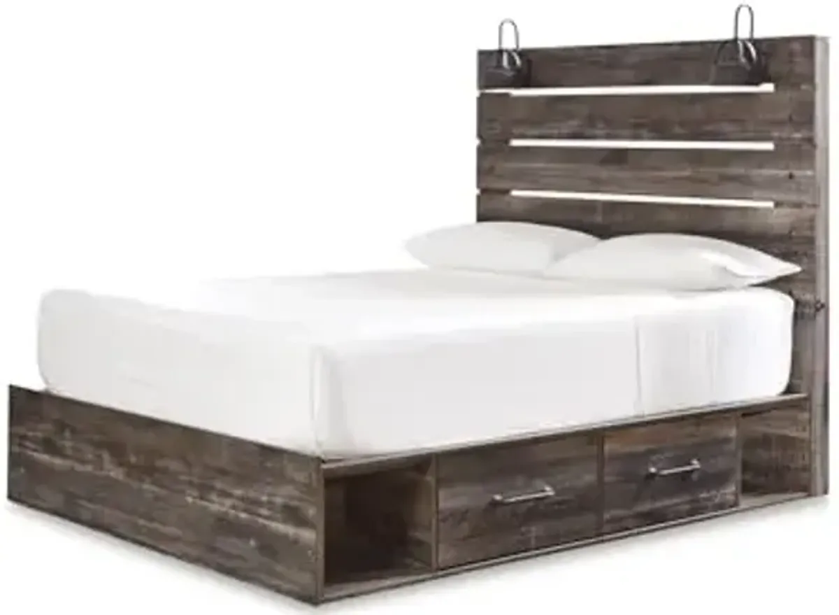 Signature Design by Ashley Drystan Rustic Queen Panel Platform Bed with 4 Storage Drawers, Open Cubbies, Sconce LED Lights and USB Ports, Foundation or Box Spring Not Needed, Dark Brown & Gray