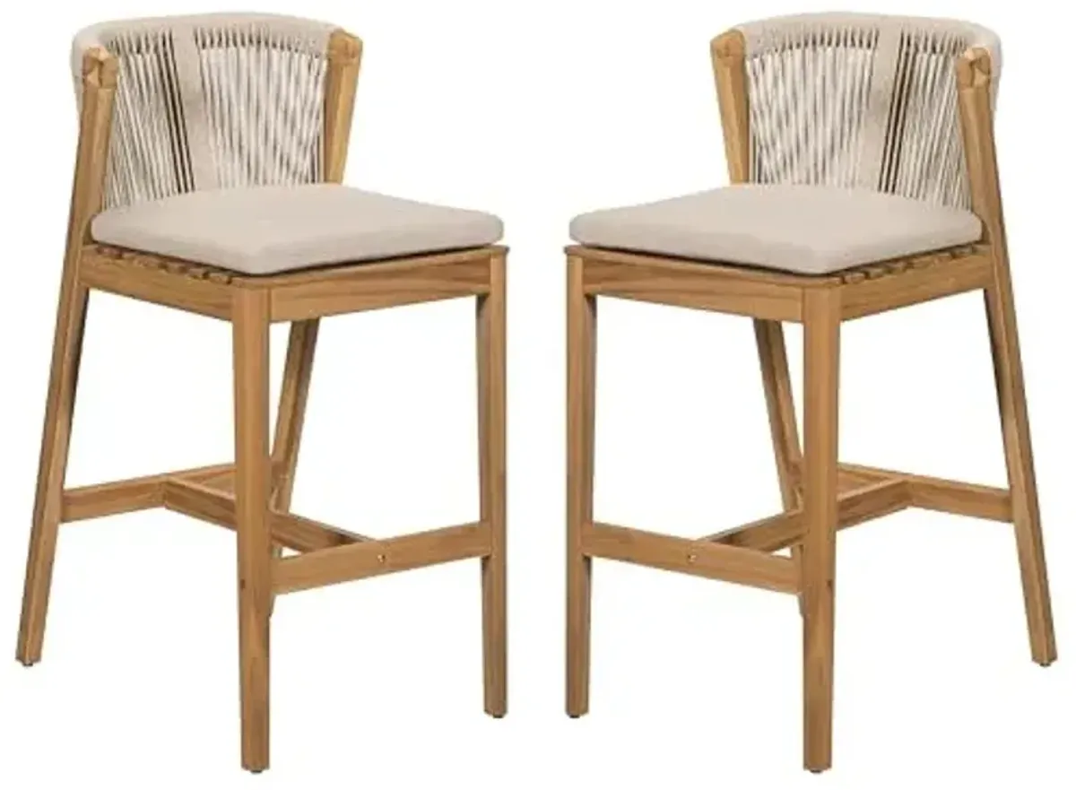 Christopher Knight Home Cuz Patio Barstool Set of 2, Outdoor Counter Height Stool with Sturdy Acacia Wood Frame and Rope Backrest, Bar Stool with Seat Cushion for Backyard Garden, Beige + Teak