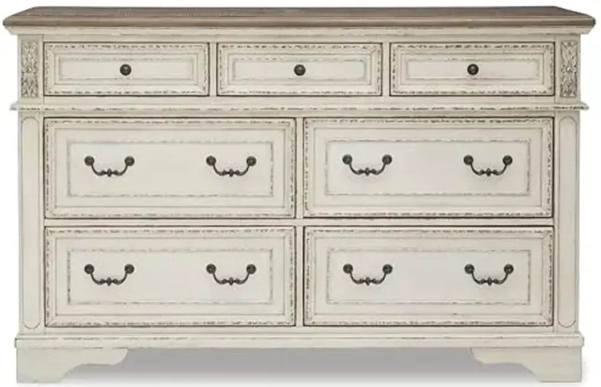 Signature Design by Ashley Realyn Vintage Smooth-Gliding 7-Drawer Dresser and Mirror with Safety Stop, White & Light Brown