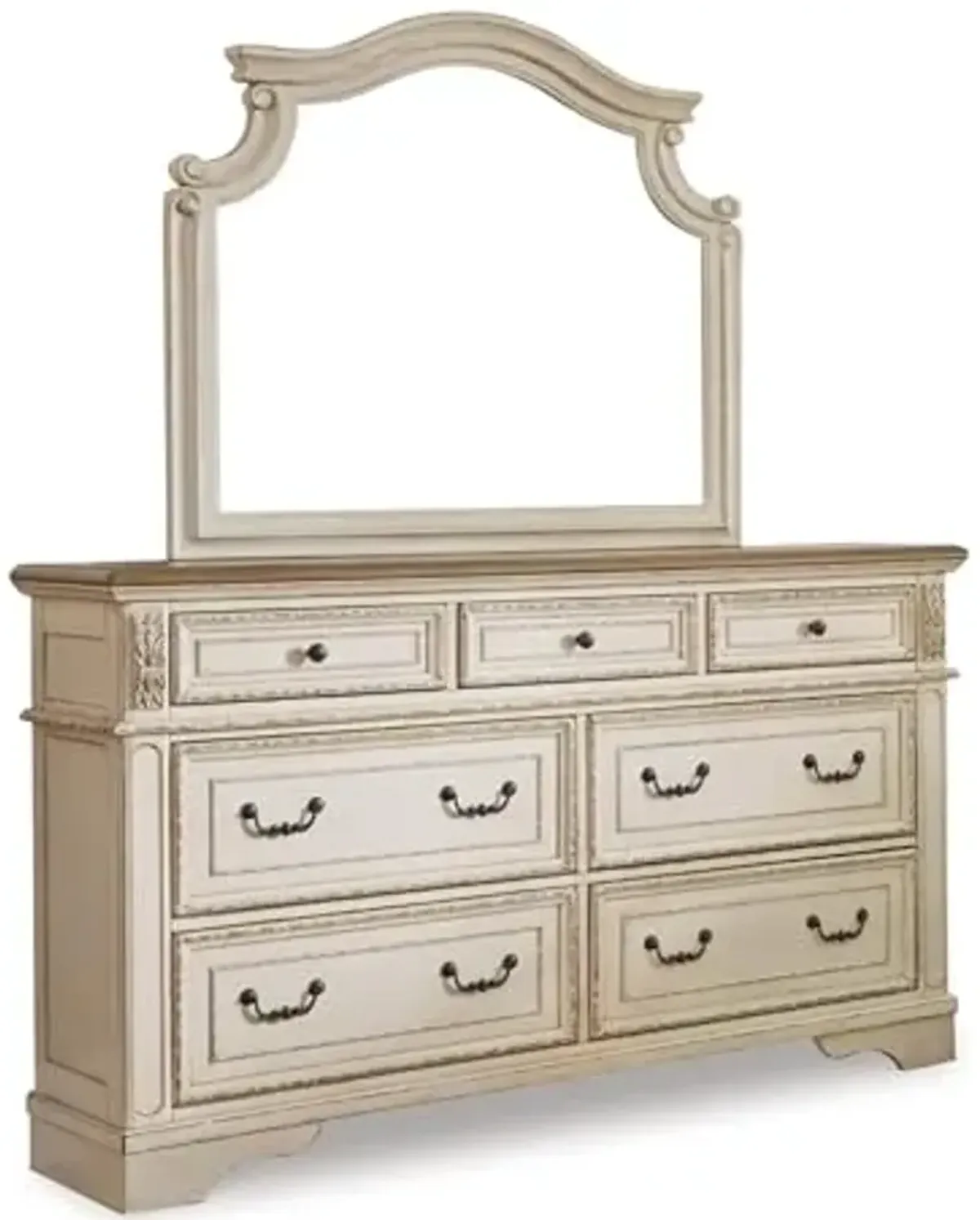 Signature Design by Ashley Realyn Vintage Smooth-Gliding 7-Drawer Dresser and Mirror with Safety Stop, White & Light Brown