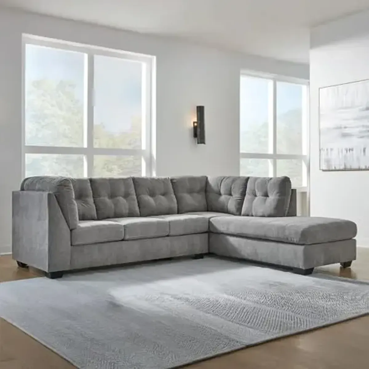 Signature Design by Ashley Marleton Contemporary Right-Arm Facing Tufted 2-Piece Sleeper Sectional with Chaise, Loose Seat Cushions and Bi-Fold Memory Foam Mattress, Full, Light Gray