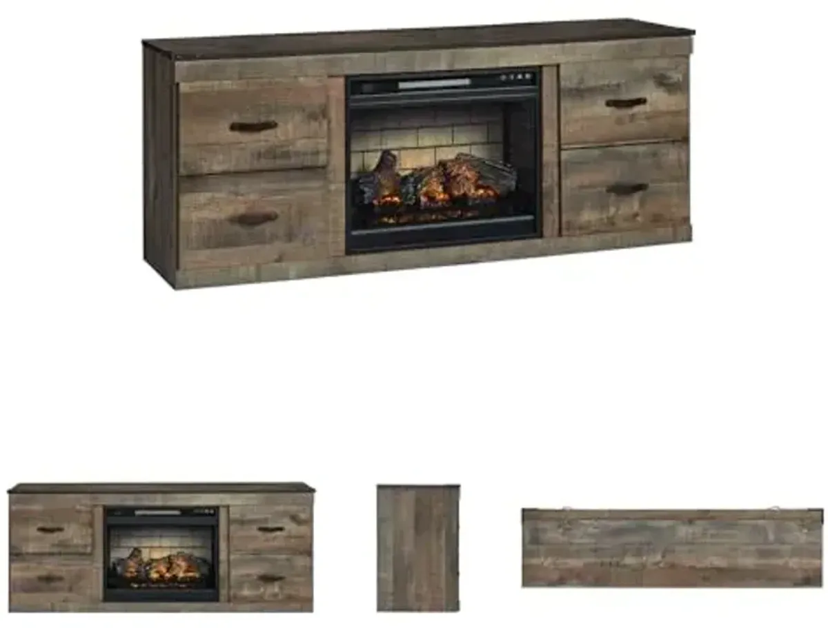 Signature Design by Ashley Trinell Rustic 60" TV Stand with Electric Fireplace for TVs up to 69", Light Brown