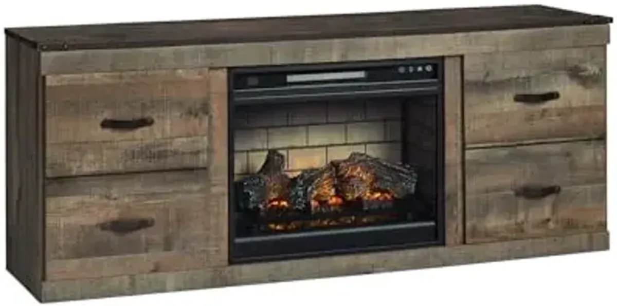 Signature Design by Ashley Trinell Rustic 60" TV Stand with Electric Fireplace for TVs up to 69", Light Brown