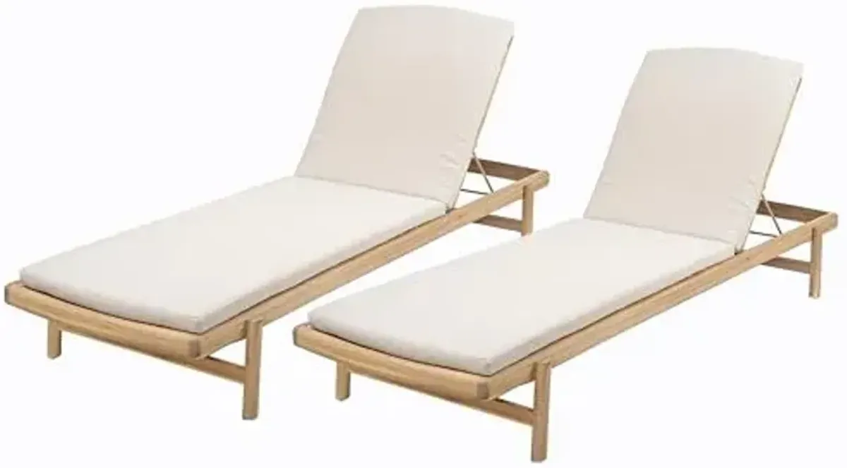 Christopher Knight Home Brolen Acacia Wood Chaise Lounge Chair Outdoor Set of 2, Patio Outdoor Chaise Lounge with Cushions, Adjustable Backrest Lounge Sofa, Wooden Sunbathing Pool Lounger, Teak+Beige