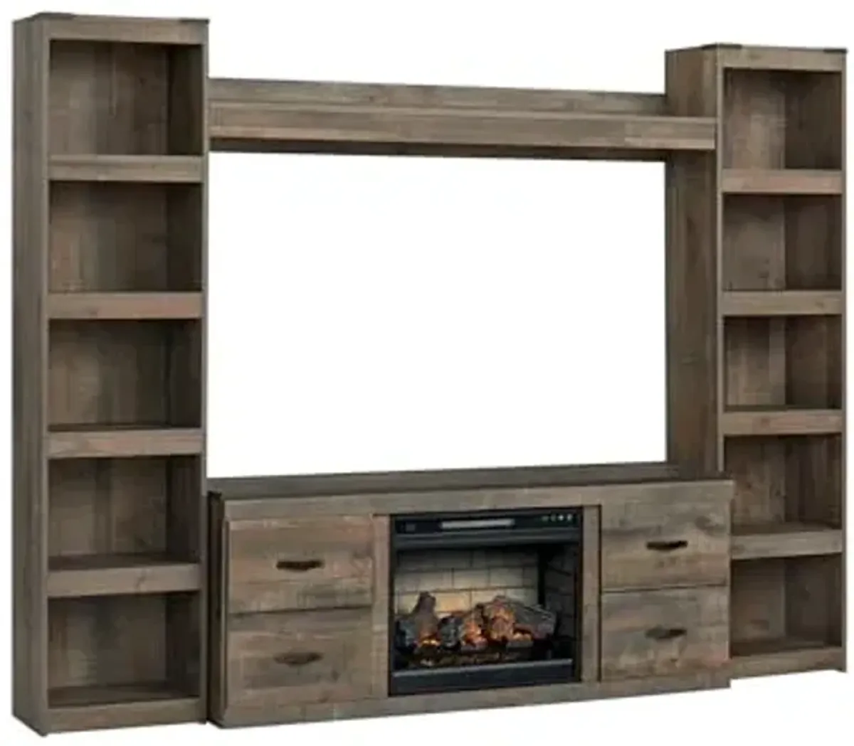 Signature Design by Ashley Trinell Rustic 4-Piece Entertainment Center with Electric Fireplace for TVs up to 69", Light Brown